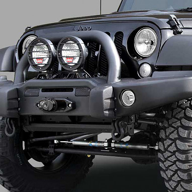 Image of a Jeep Wrangler Body Armor AEV Style Front Bumper with Winch Cradle, Bullbar, Tow Rings 