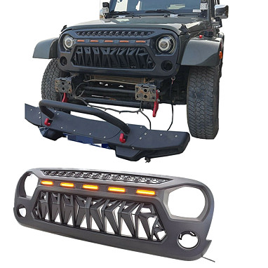 Image of a Jeep Wrangler Angry Grilles Jeep Wrangler JK  GrilleMatte Black with 5 amber lighjts 1034