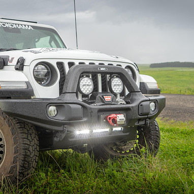 Image of a Jeep Wrangler JEEP Gladiator JT Parts AEV Style EX Front Bumper, Full-width, Hoop, Parking Sensor compatible