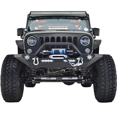 Image of a Jeep Wrangler Body Armor JW0245 Style Steel Front Winch Bull Bar with LED lights