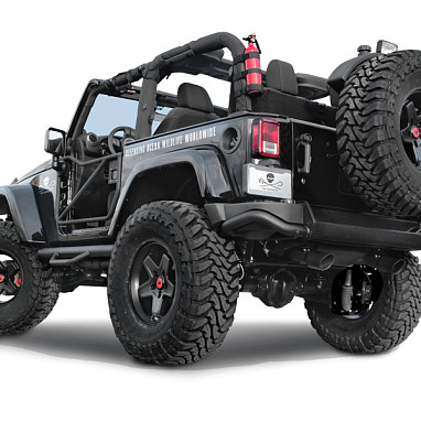 Image of a Jeep Wrangler  AEV Style Steel Rear Bumper Bar with Heavy Duty Spare Wheel Carrier for Wrangler JK