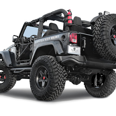 Image of a Jeep Wrangler Rear Bar   AEV Style Steel Rear Bumper Bar with Heavy Duty Spare Wheel Carrier for Wrangler JK