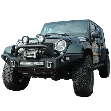 Image of a Jeep Wrangler Front Bumpers     Jeep Wrangler JK Steel Front Bumper with Winch Cradle & LED Light Bar & Fog Lights 