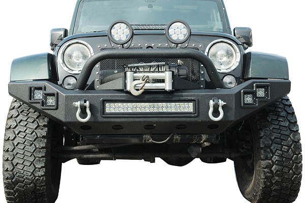 Picture of a   Jeep Wrangler JK Steel Front Bumper with Winch Cradle & LED Light Bar & Fog Lights 