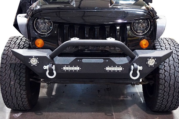 Picture of a Jeep Wrangler JK Full-Width Steel Bumper Steel Front Winch Bull Bar with LED lights (Satin-Black) Number 5